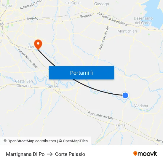 Martignana Di Po to Corte Palasio map