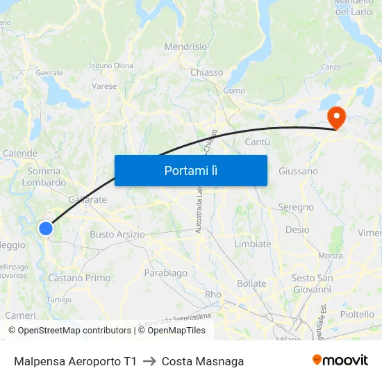 Malpensa Aeroporto T1 to Costa Masnaga map