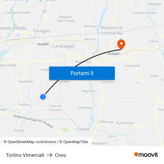 Torlino Vimercati to Covo map