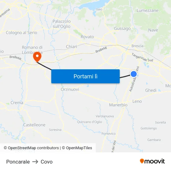 Poncarale to Covo map