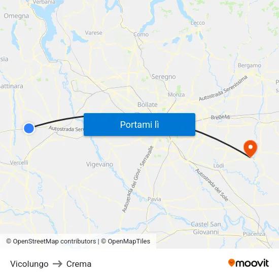 Vicolungo to Crema map