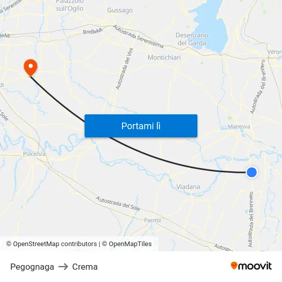 Pegognaga to Crema map