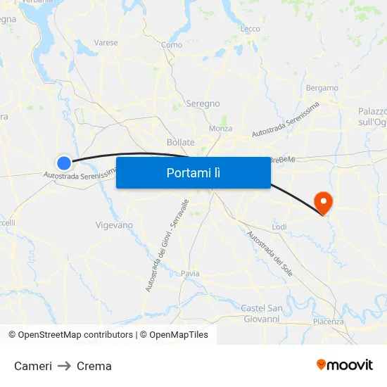 Cameri to Crema map