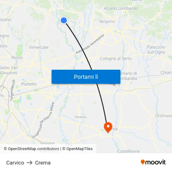 Carvico to Crema map