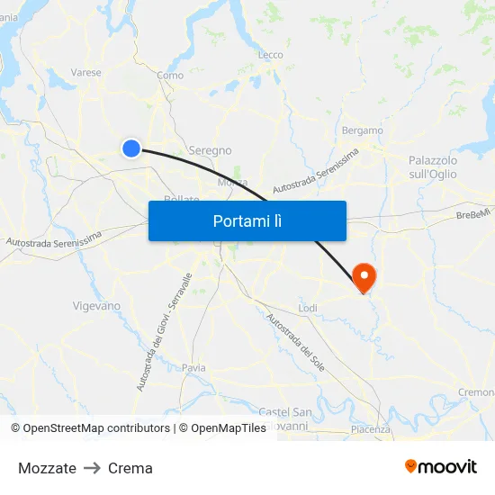 Mozzate to Crema map