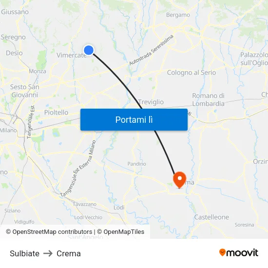 Sulbiate to Crema map