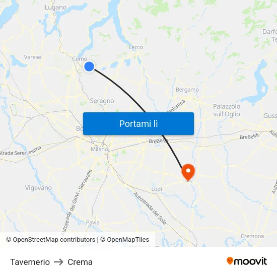Tavernerio to Crema map