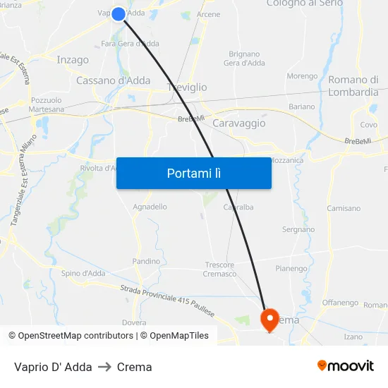 Vaprio D' Adda to Crema map
