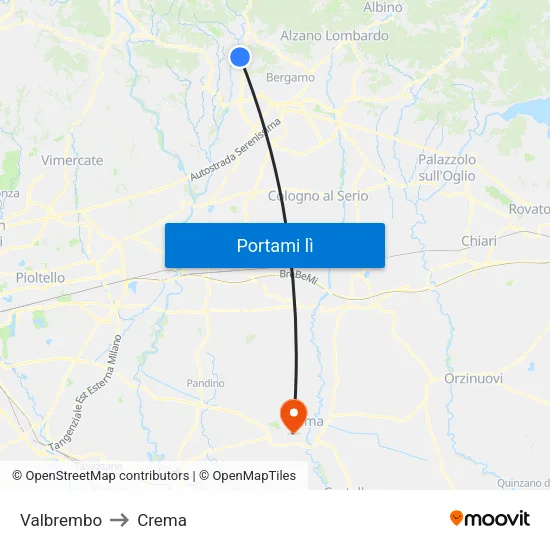 Valbrembo to Crema map