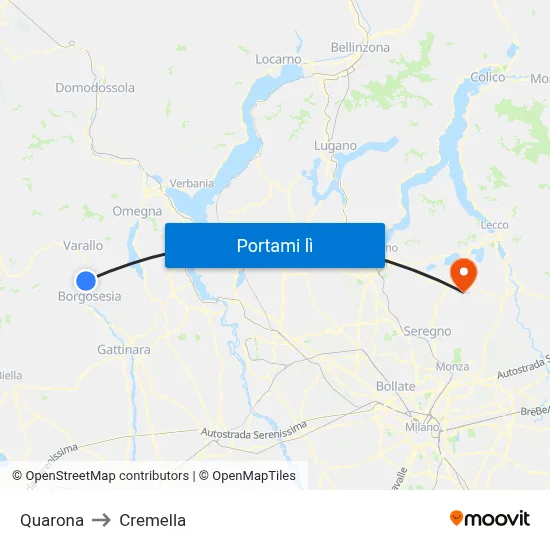Quarona to Cremella map