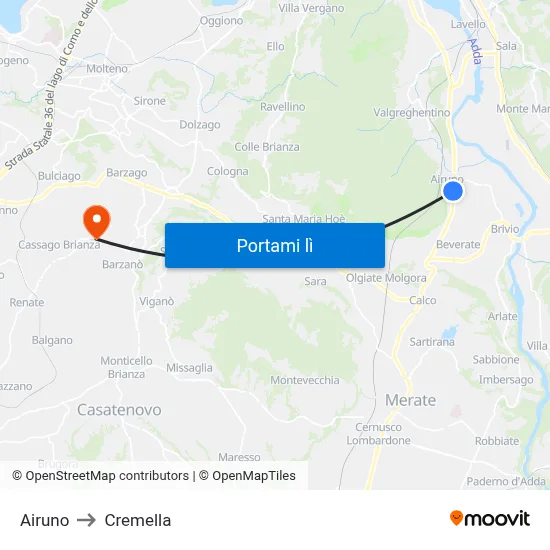 Airuno to Cremella map