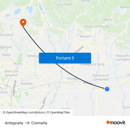 Antegnate to Cremella map
