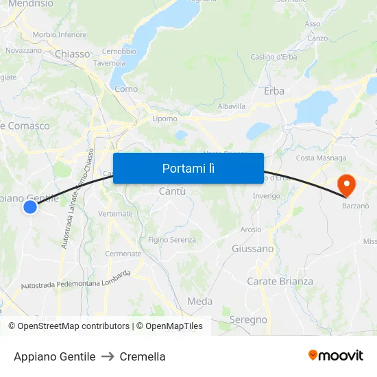 Appiano Gentile to Cremella map