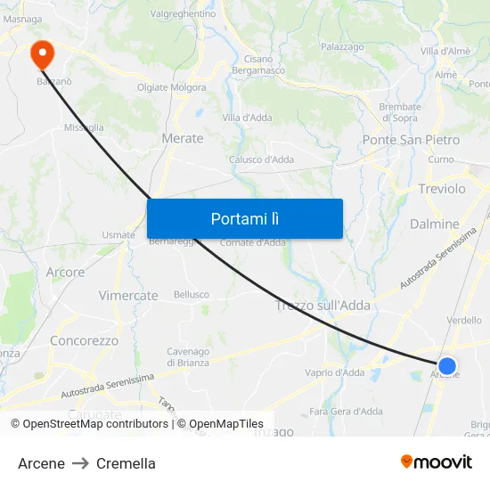 Arcene to Cremella map