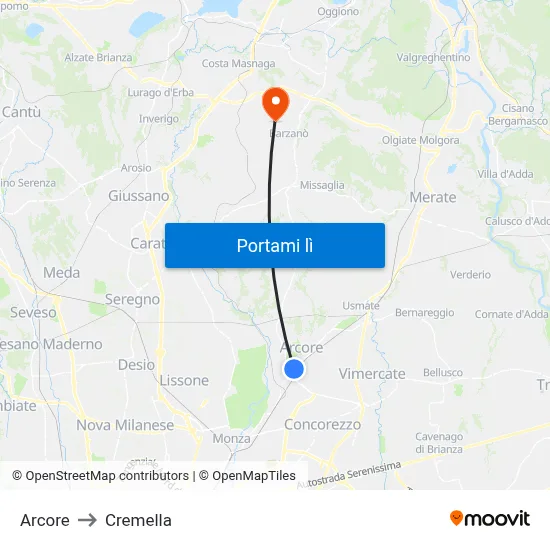 Arcore to Cremella map