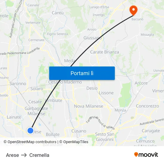 Arese to Cremella map