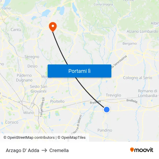 Arzago D' Adda to Cremella map