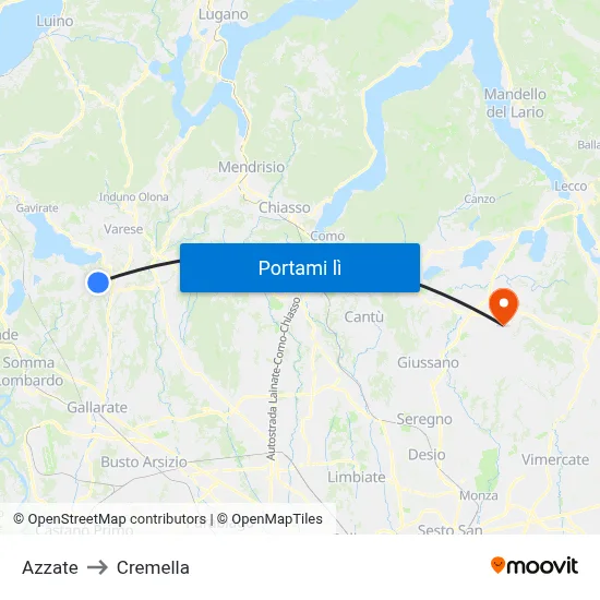 Azzate to Cremella map