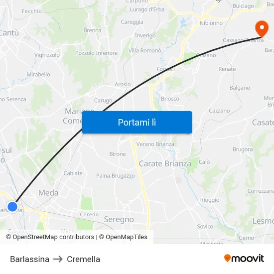 Barlassina to Cremella map