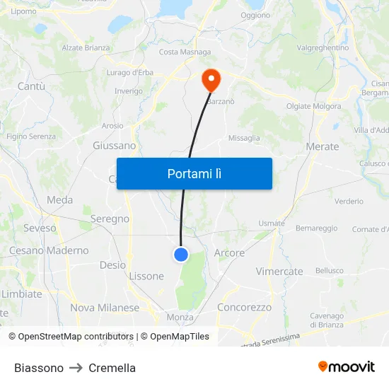 Biassono to Cremella map