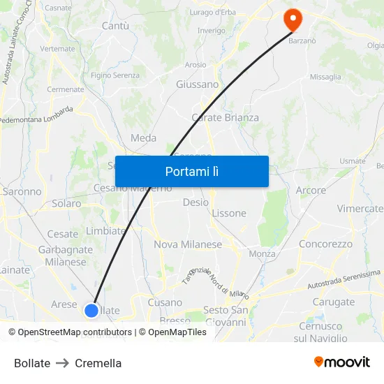 Bollate to Cremella map