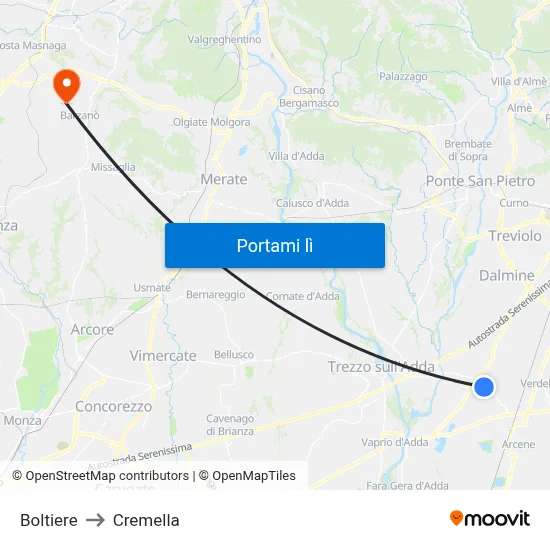 Boltiere to Cremella map