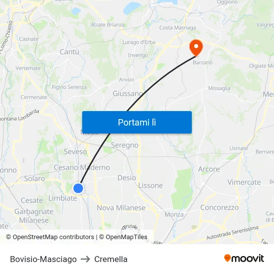 Bovisio-Masciago to Cremella map