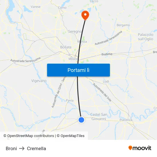 Broni to Cremella map