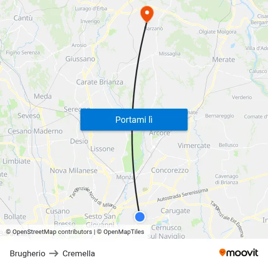 Brugherio to Cremella map