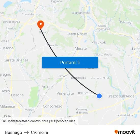 Busnago to Cremella map