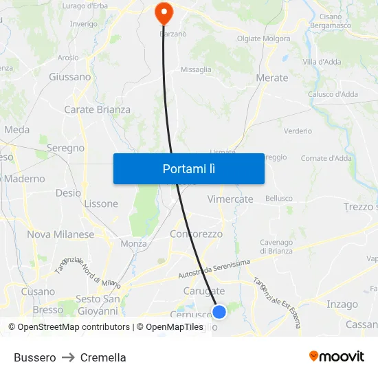 Bussero to Cremella map