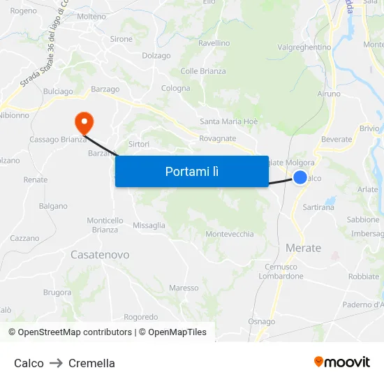 Calco to Cremella map