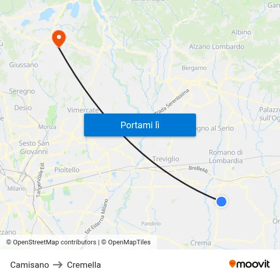 Camisano to Cremella map