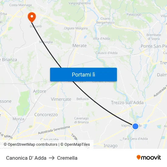 Canonica D' Adda to Cremella map