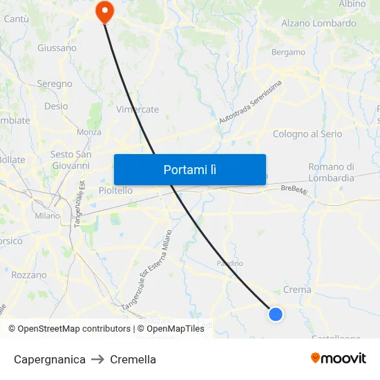 Capergnanica to Cremella map