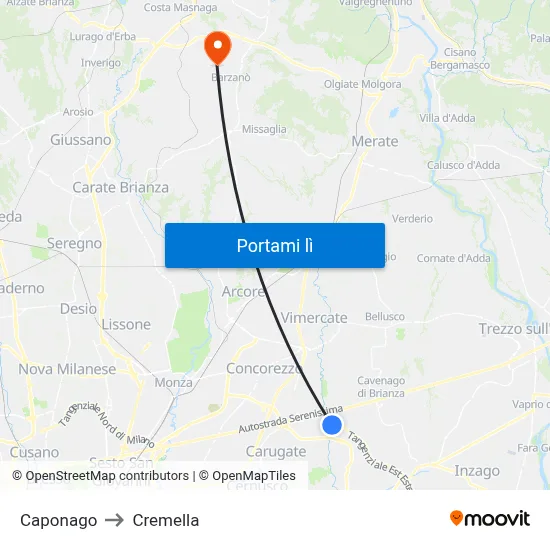 Caponago to Cremella map