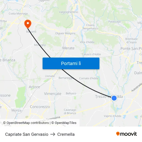Capriate San Gervasio to Cremella map
