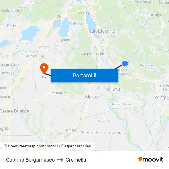 Caprino Bergamasco to Cremella map