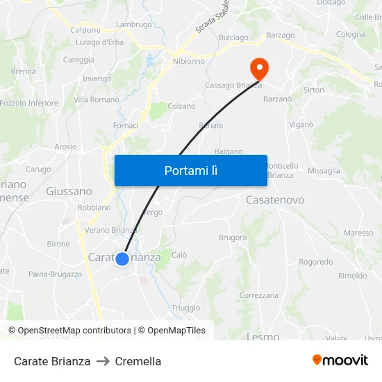Carate Brianza to Cremella map