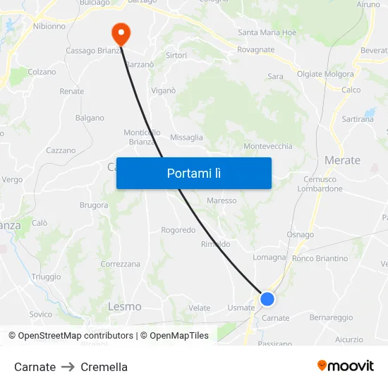 Carnate to Cremella map