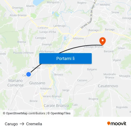 Carugo to Cremella map