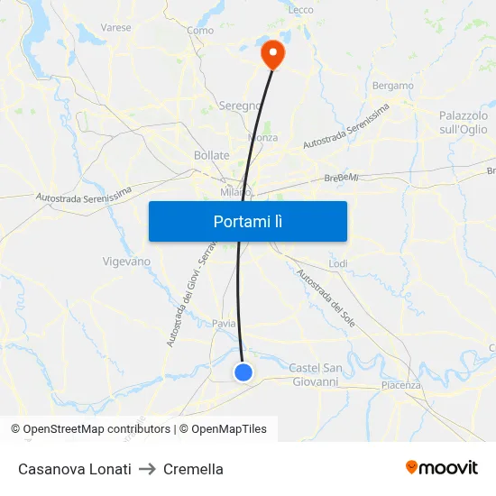 Casanova Lonati to Cremella map