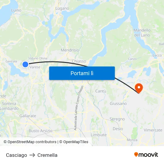 Casciago to Cremella map