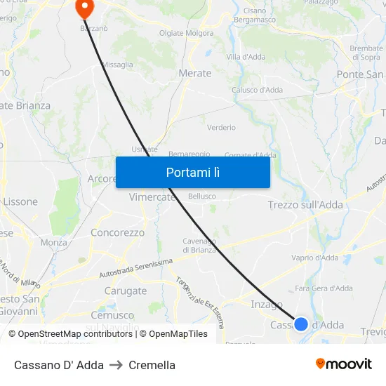 Cassano D' Adda to Cremella map