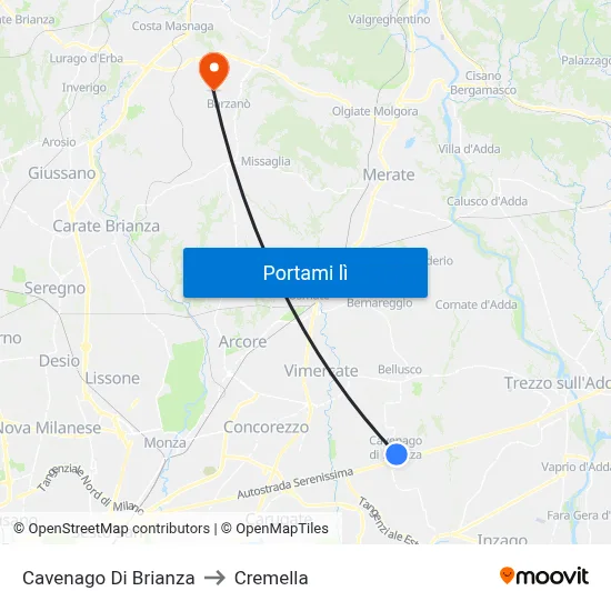 Cavenago Di Brianza to Cremella map