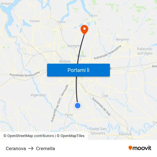 Ceranova to Cremella map