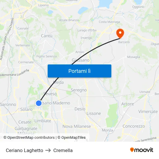 Ceriano Laghetto to Cremella map