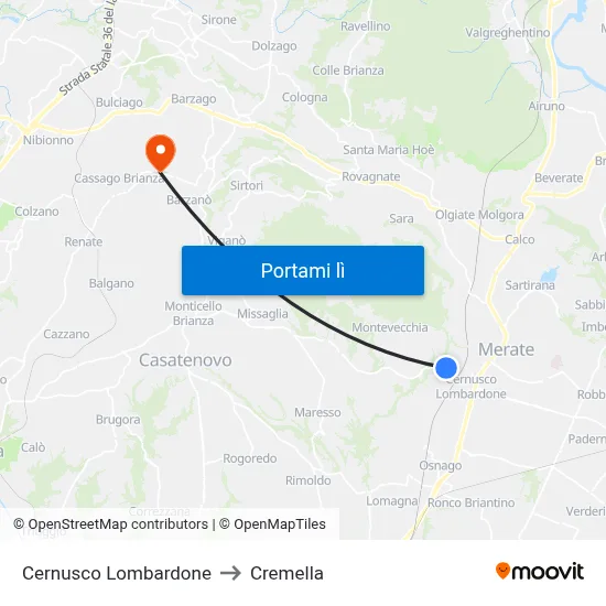 Cernusco Lombardone to Cremella map