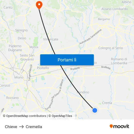 Chieve to Cremella map