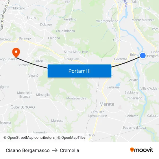 Cisano Bergamasco to Cremella map